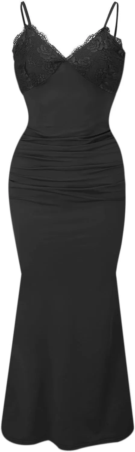 Women's Lace Ruched Spaghetti Straps Bodycon Maxi Dresses Cocktail Party Pencil Long Dress Evening Gowns
