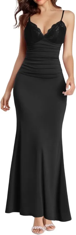 Women's Lace Ruched Spaghetti Straps Bodycon Maxi Dresses Cocktail Party Pencil Long Dress Evening Gowns