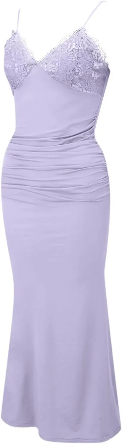Women's Lace Ruched Spaghetti Straps Bodycon Maxi Dresses Cocktail Party Pencil Long Dress Evening Gowns