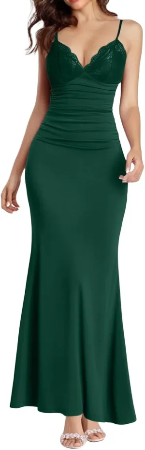 Women's Lace Ruched Spaghetti Straps Bodycon Maxi Dresses Cocktail Party Pencil Long Dress Evening Gowns