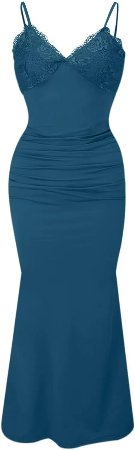 Women's Lace Ruched Spaghetti Straps Bodycon Maxi Dresses Cocktail Party Pencil Long Dress Evening Gowns