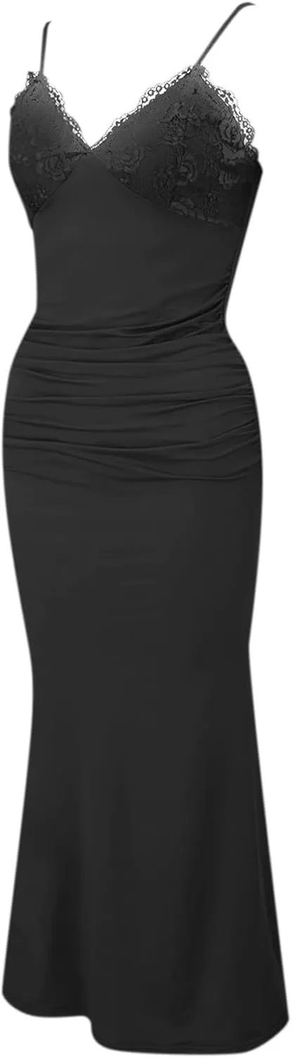 Women's Lace Ruched Spaghetti Straps Bodycon Maxi Dresses Cocktail Party Pencil Long Dress Evening Gowns