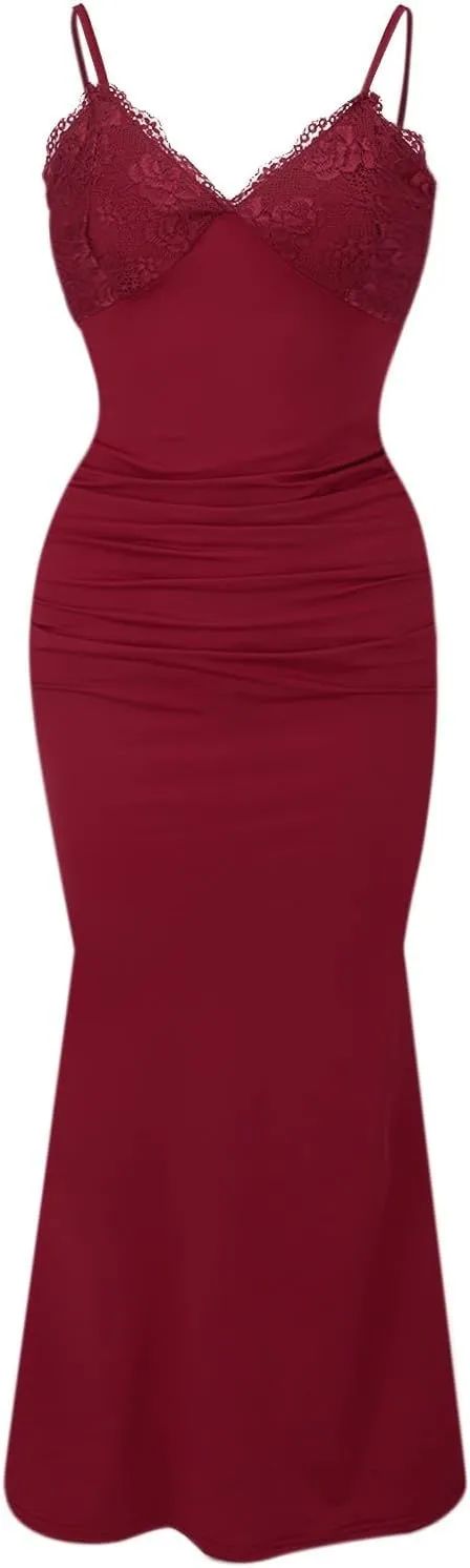 Women's Lace Ruched Spaghetti Straps Bodycon Maxi Dresses Cocktail Party Pencil Long Dress Evening Gowns