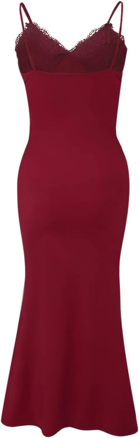 Women's Lace Ruched Spaghetti Straps Bodycon Maxi Dresses Cocktail Party Pencil Long Dress Evening Gowns