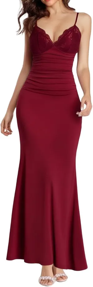 Women's Lace Ruched Spaghetti Straps Bodycon Maxi Dresses Cocktail Party Pencil Long Dress Evening Gowns