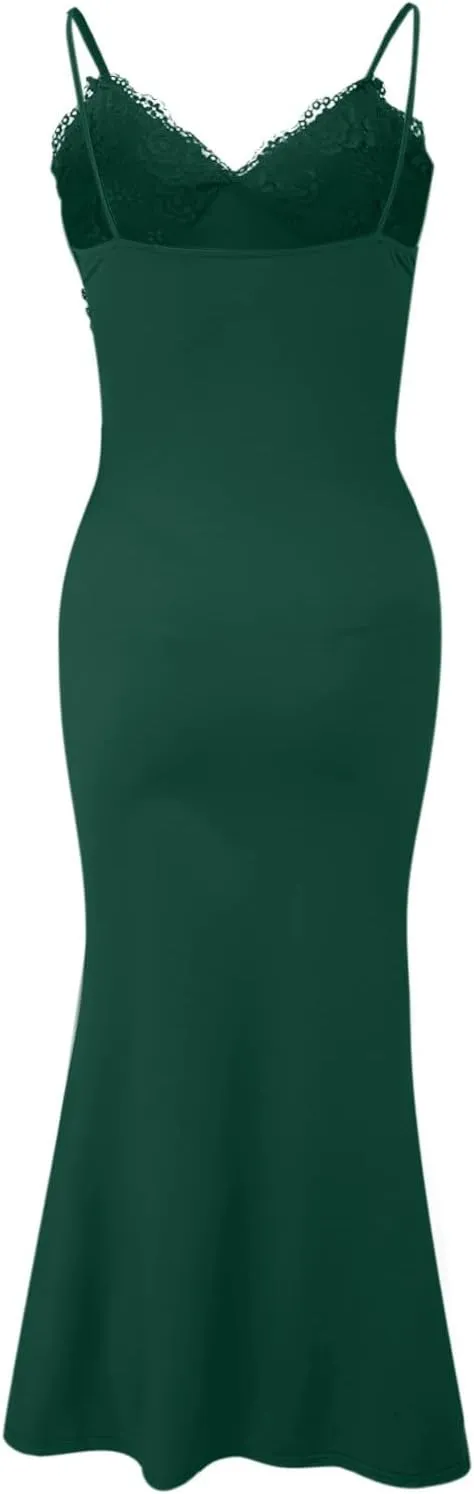 Women's Lace Ruched Spaghetti Straps Bodycon Maxi Dresses Cocktail Party Pencil Long Dress Evening Gowns