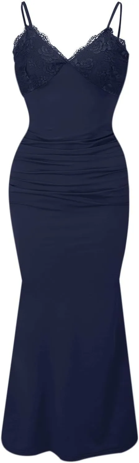 Women's Lace Ruched Spaghetti Straps Bodycon Maxi Dresses Cocktail Party Pencil Long Dress Evening Gowns