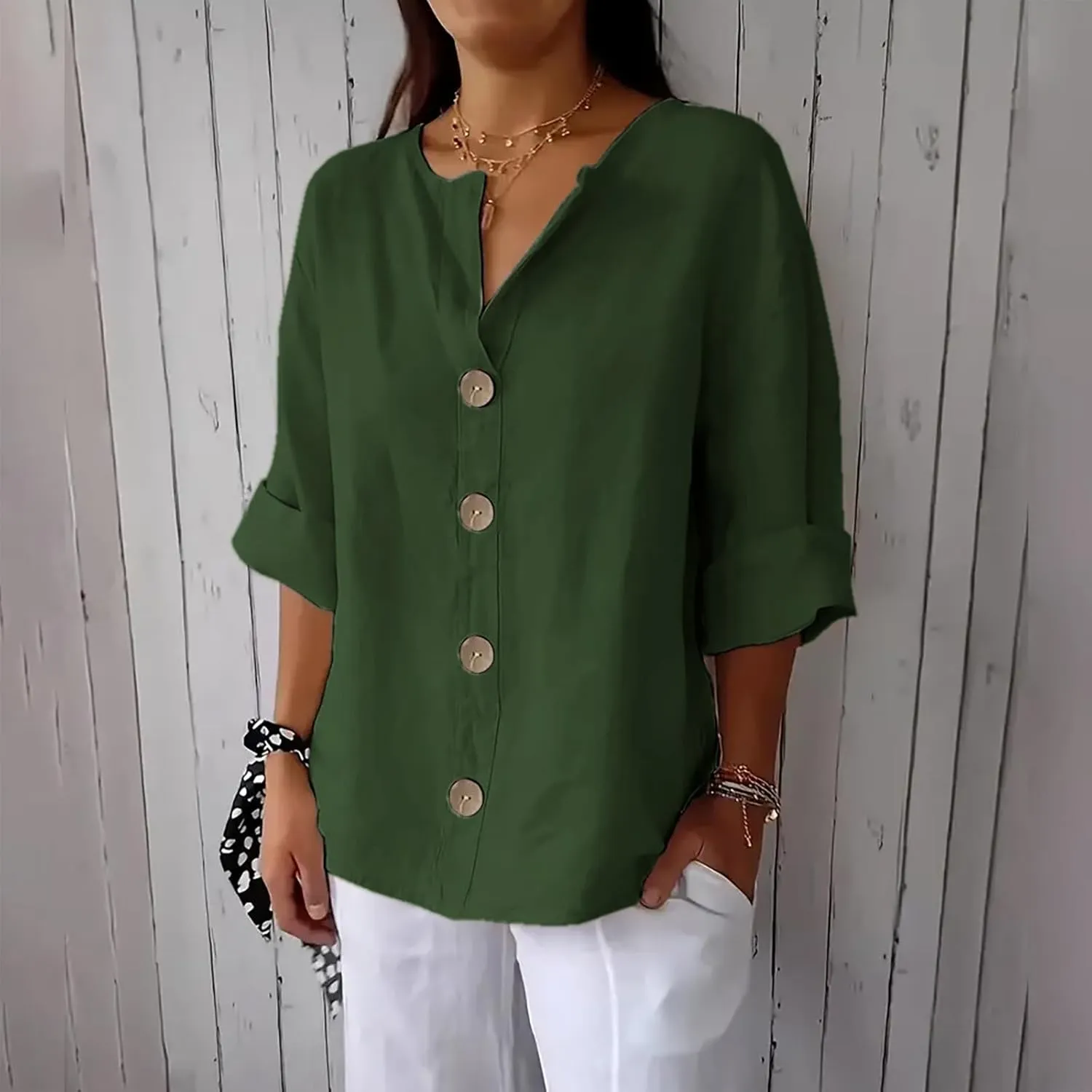 Women's Linen Shirt Button Down V Neck Solid Dressy Blouse 3/4 Sleeves Casual Loose Fit Tunic Tops Summer T Shirts