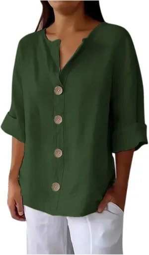 Women's Linen Shirt Button Down V Neck Solid Dressy Blouse 3/4 Sleeves Casual Loose Fit Tunic Tops Summer T Shirts