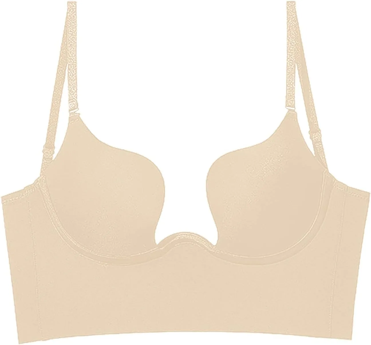 Womens Low Back Bras Deep Plunge Backless Bra Push Up Bra with Clear Straps, Low Cut Convertible Underwire Bra