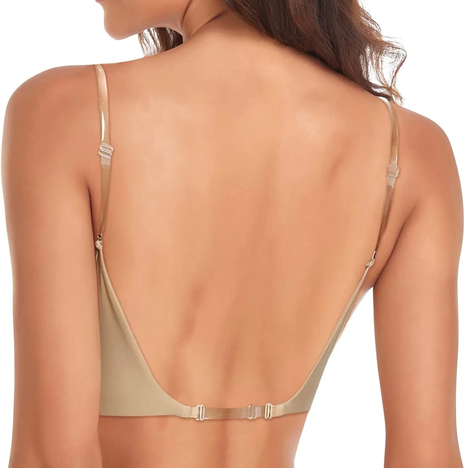 Womens Low Back Bras Deep Plunge Backless Bra Push Up Bra with Clear Straps, Low Cut Convertible Underwire Bra