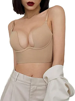 Womens Low Back Bras Deep Plunge Backless Bra Push Up Bra with Clear Straps, Low Cut Convertible Underwire Bra