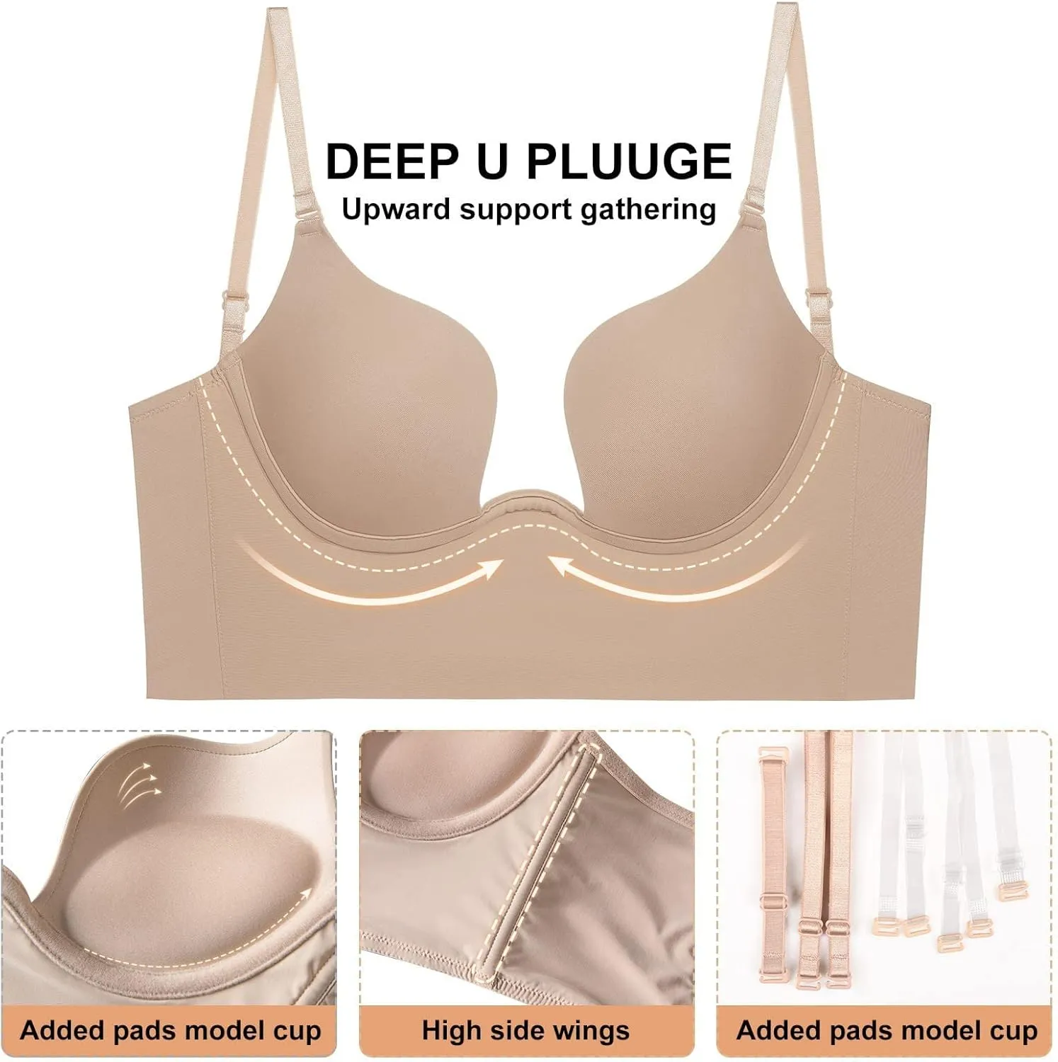 Womens Low Back Bras Deep Plunge Backless Bra Push Up Bra with Clear Straps, Low Cut Convertible Underwire Bra
