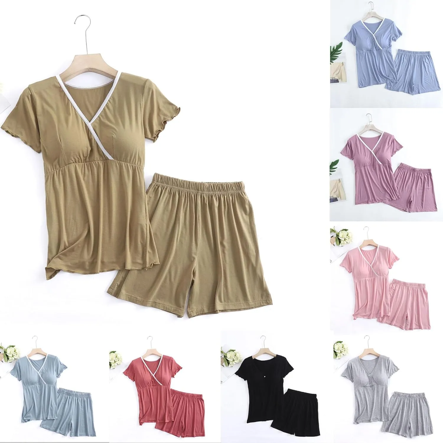 Women's Maternity Pajamas Built in Bra Nursing Pjs for Breastfeeding Soft Postpartum Lounge Sets Sleepwear Pregnancy Clothes