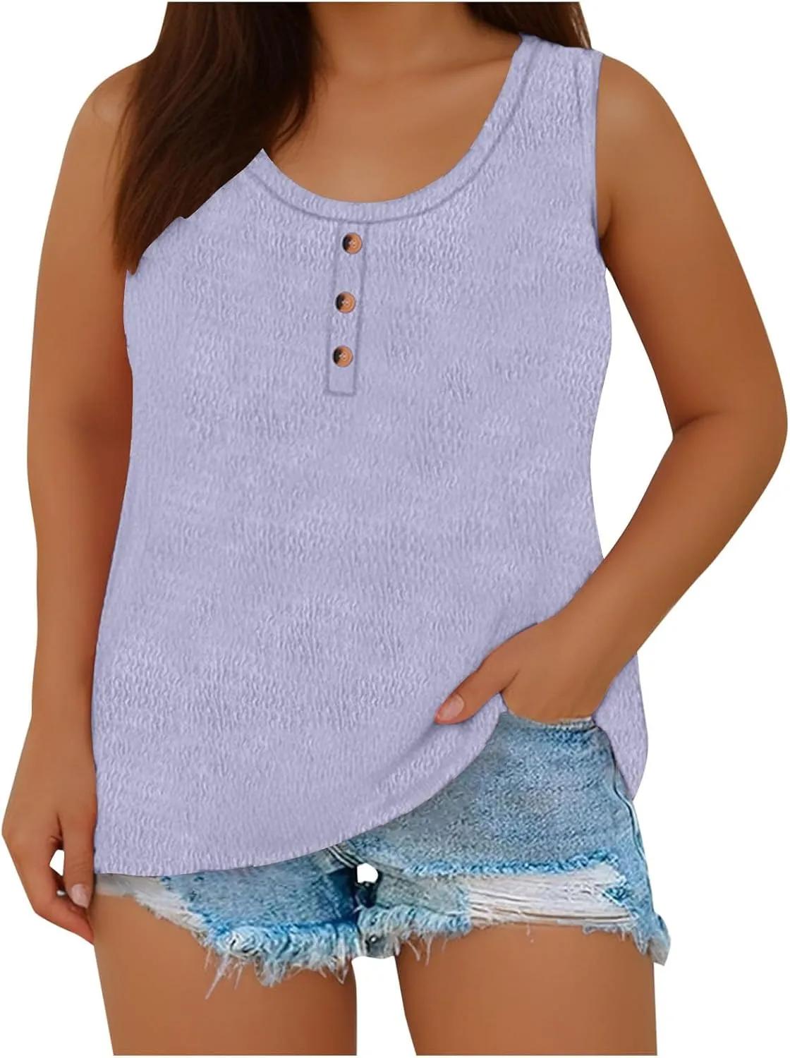 Womens Plus Size Tank Tops Summer Sleeveless Henley T-Shirts Casual Loose Fit Ribbed Knit Vest Crewneck Tunic Blouse