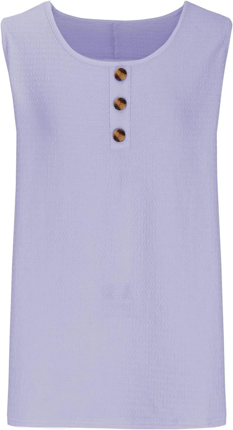 Womens Plus Size Tank Tops Summer Sleeveless Henley T-Shirts Casual Loose Fit Ribbed Knit Vest Crewneck Tunic Blouse