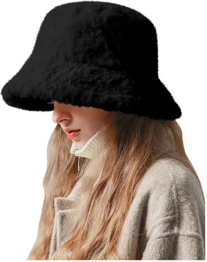 Women's Plush Fluffy Bucket Hat Warm Sherpa Fleece Lining Winter Faux Fur Cozy Wide Brim Hats Cloche Fisherman Cap