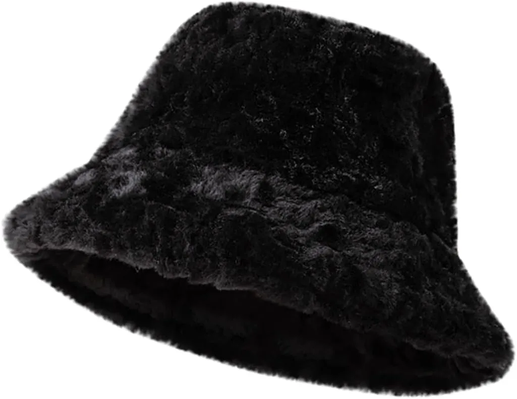 Women's Plush Fluffy Bucket Hat Warm Sherpa Fleece Lining Winter Faux Fur Cozy Wide Brim Hats Cloche Fisherman Cap