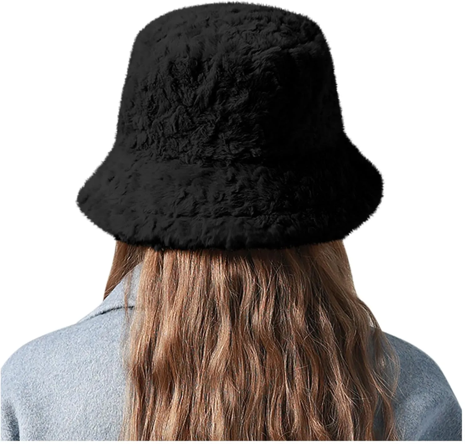 Women's Plush Fluffy Bucket Hat Warm Sherpa Fleece Lining Winter Faux Fur Cozy Wide Brim Hats Cloche Fisherman Cap