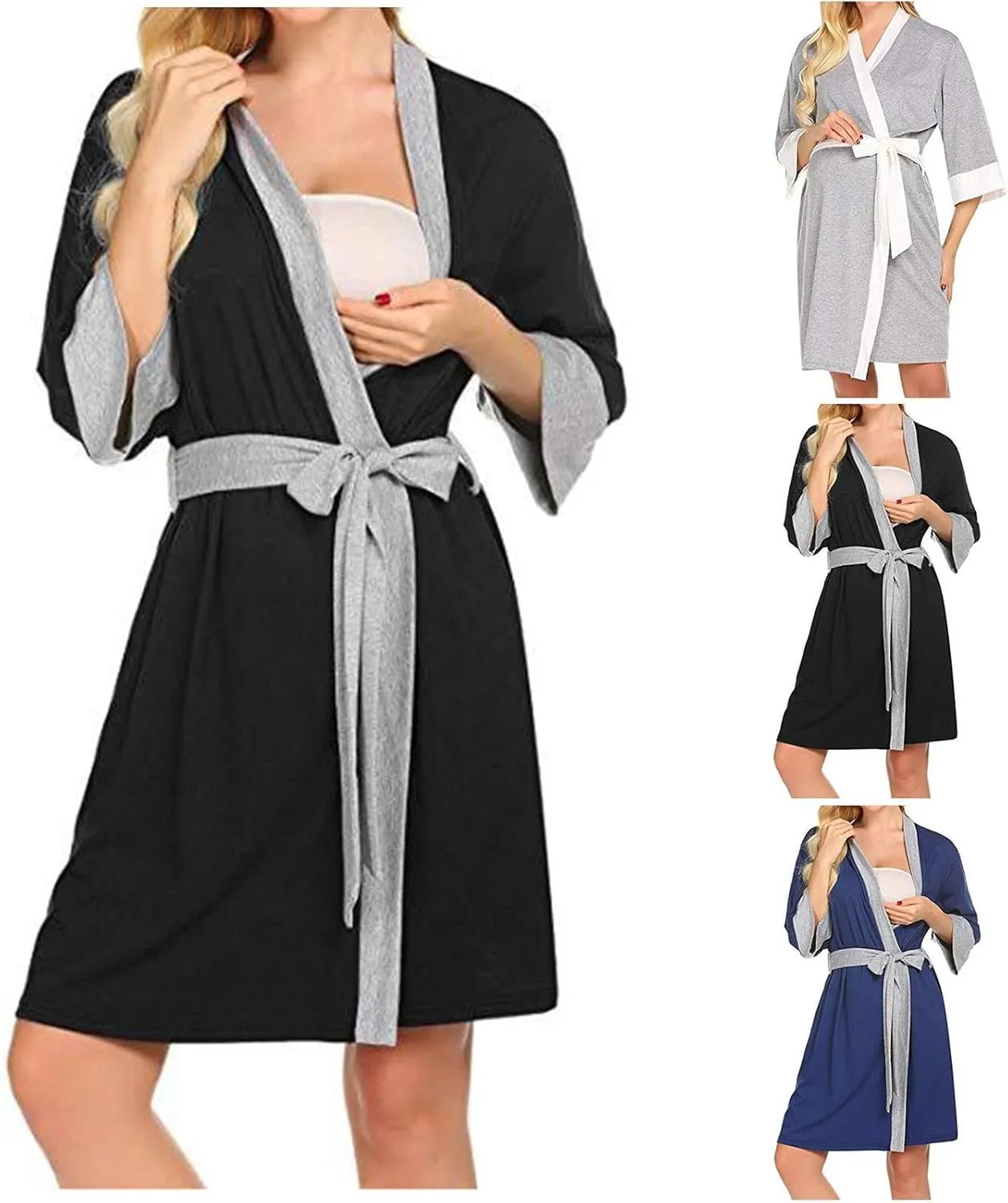 Women's Postpartum Maternity Robe Color Block Nursing Gown Loose Comfy Breastfeeding Dress Bathrobes Sleepwear
