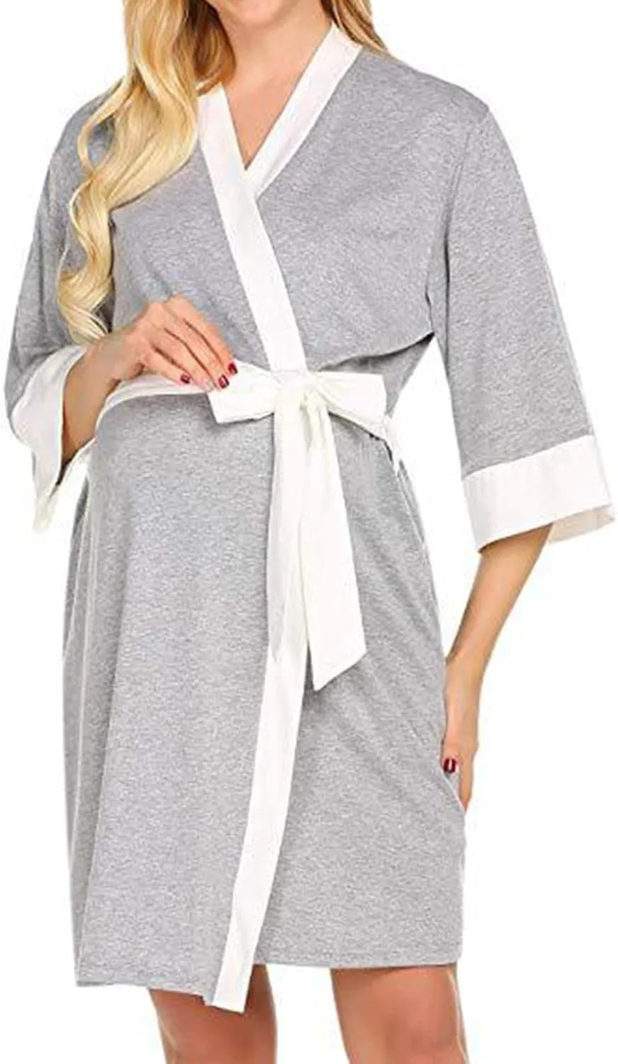 Women's Postpartum Maternity Robe Color Block Nursing Gown Loose Comfy Breastfeeding Dress Bathrobes Sleepwear