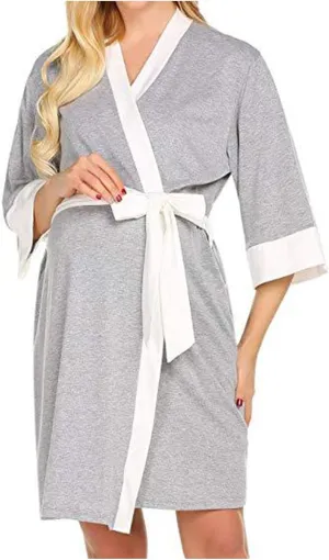 Women's Postpartum Maternity Robe Color Block Nursing Gown Loose Comfy Breastfeeding Dress Bathrobes Sleepwear