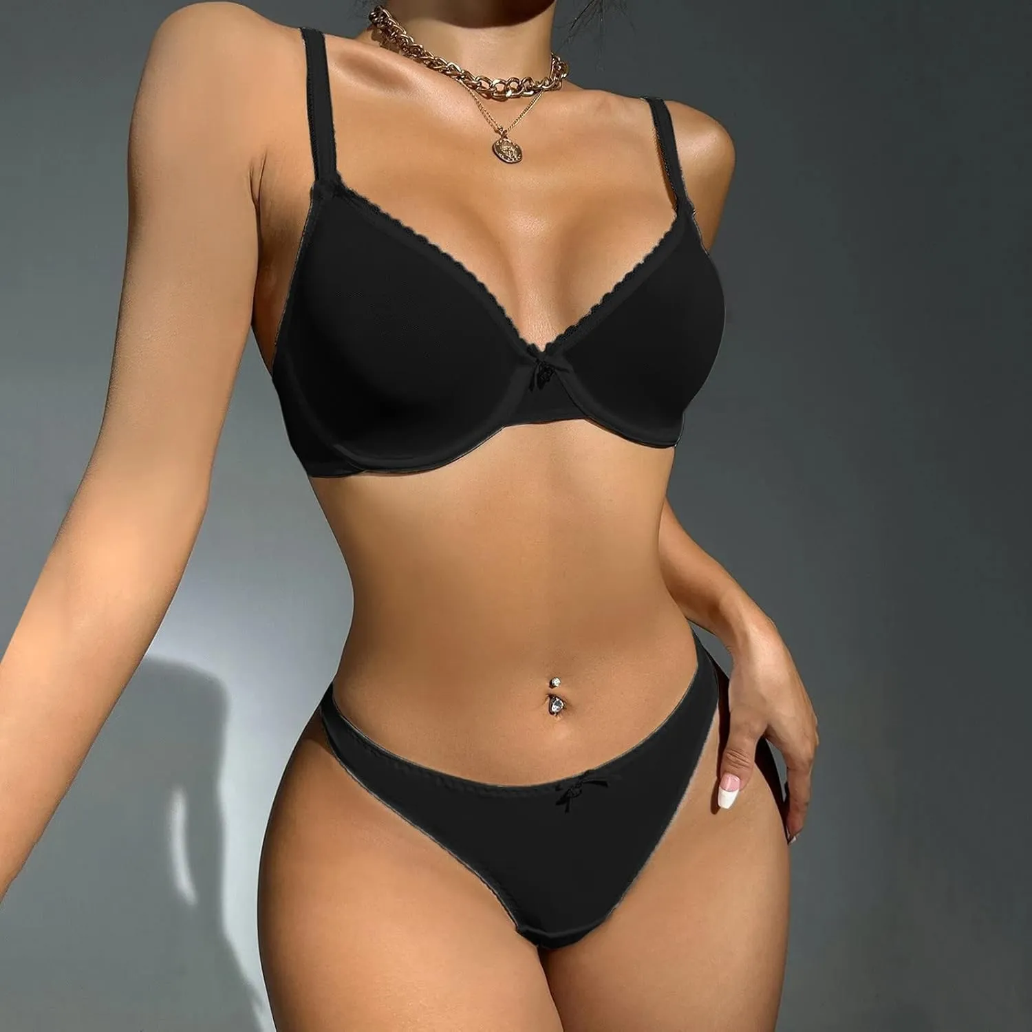 Women's Push up Bra and Panty Set V Neck Straps Bralettes Panties Seamless Lace Lingerie Padded Bras 2 Piece