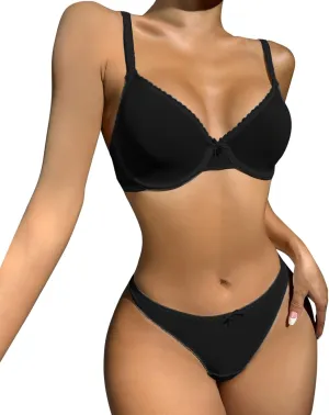 Women's Push up Bra and Panty Set V Neck Straps Bralettes Panties Seamless Lace Lingerie Padded Bras 2 Piece