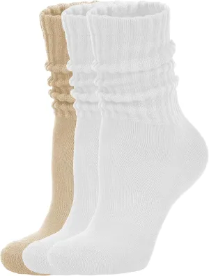Women's Scrunch Crew Socks Retro 3-Pack Solid Cotton Boot Calf Socks Chunky Ribbed Cozy Slouchy Socks Size 5-11