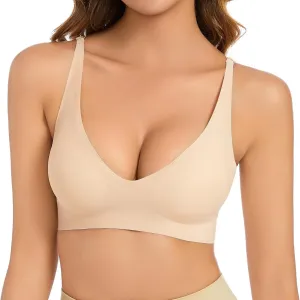 Women's Seamless Plunge Bra Deep V-Neck Wireless Comfort Bra Unlined Triangle Sporty Bras Bralettes for Ladies