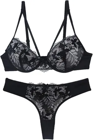 Women's Sexy Lace Bra Set Fashion Floral Lace Full Coverage Push Up Bras Lightweight Thin Breathable Sleep Bralette