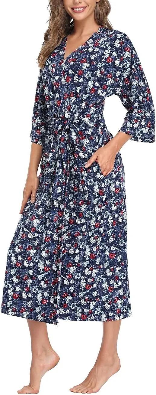 Women's Soft Robes Lightweight Kimono Loungewear Long Nightgown Knit Bathrobe Casual Sleepwear Pajamas with Pockets, SFloral navy m