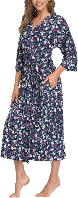 Women's Soft Robes Lightweight Kimono Loungewear Long Nightgown Knit Bathrobe Casual Sleepwear Pajamas with Pockets, SFloral navy m