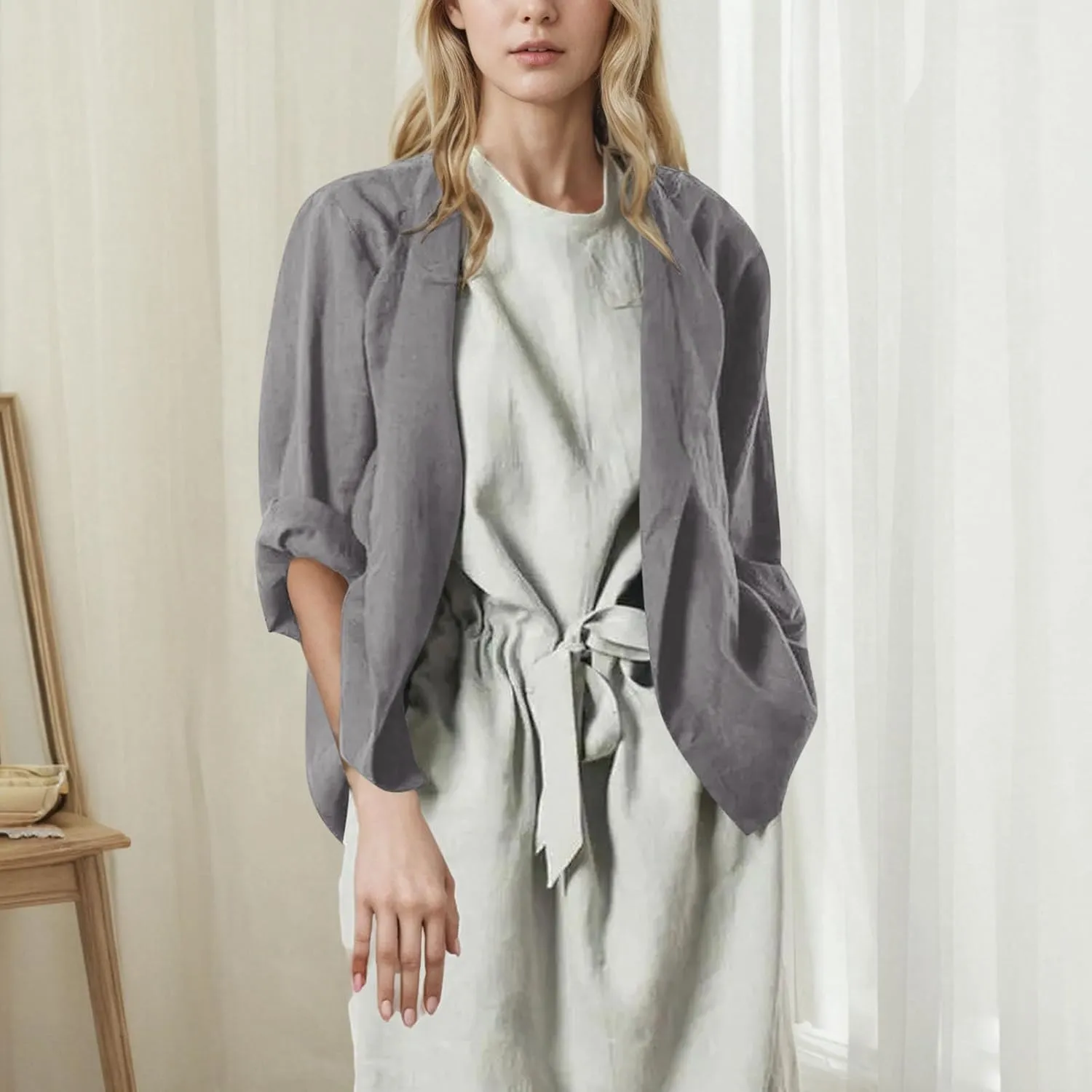 Womens Summer Cotton Linen Cardigans Lightweight Coverup Casual Loose Long Sleeve Open Front Shirt Tops Beach Cover Ups