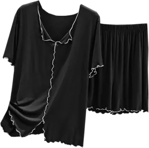 Women's Summer Soft Modal Pajama Sets Short Sleeve V Neck Trim Sleepwear Tops & Comfy Shorts Pjs 2 Piece Lounge Set