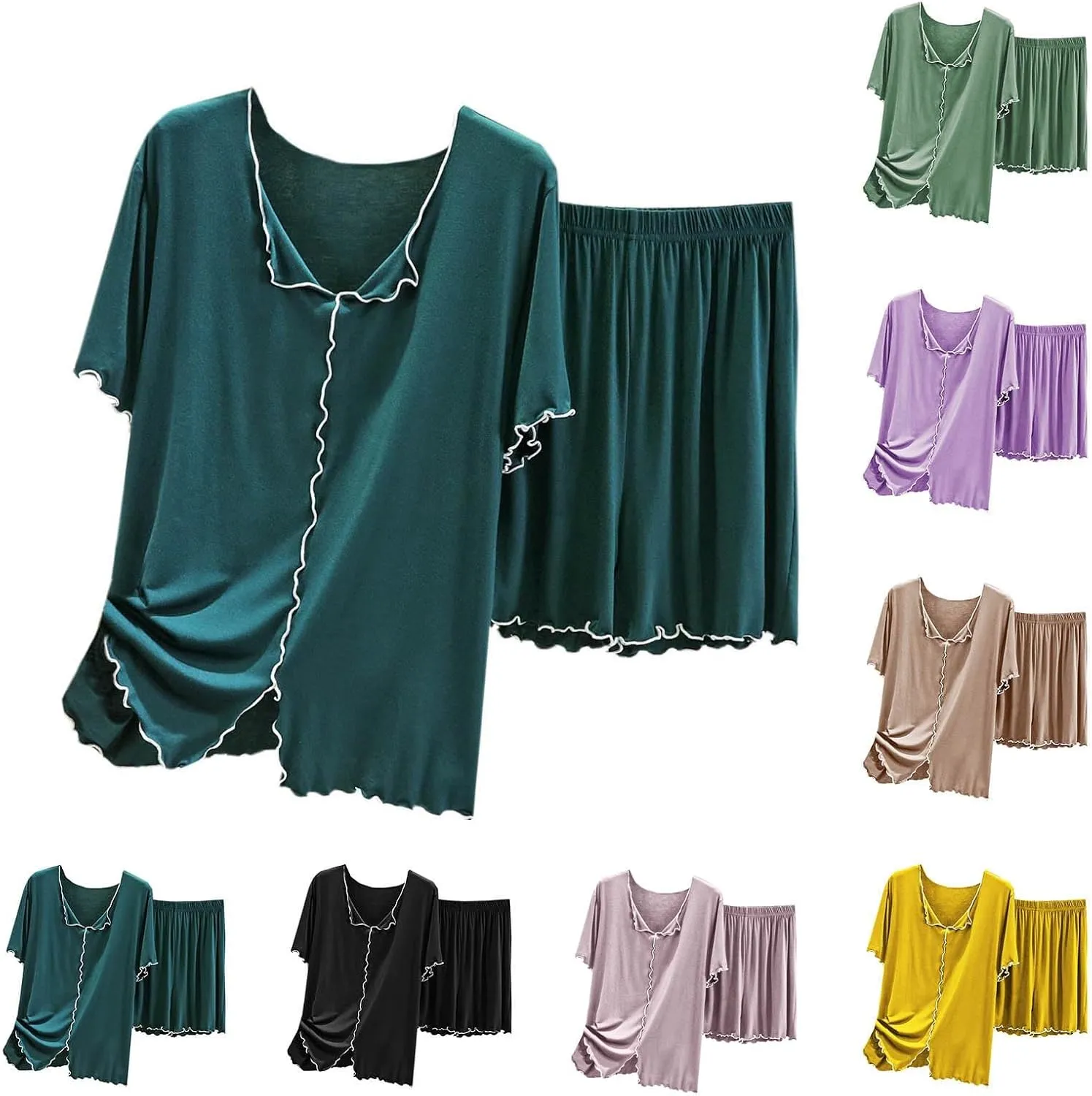 Women's Summer Soft Modal Pajama Sets Short Sleeve V Neck Trim Sleepwear Tops & Comfy Shorts Pjs 2 Piece Lounge Set