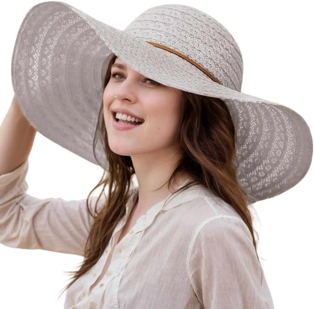 Womens Sun Hat Floppy Big Wide Brim Summer Bucket Hat Foldable Packable Lace Beach Hats Fedora Hat for Women UPF 50 