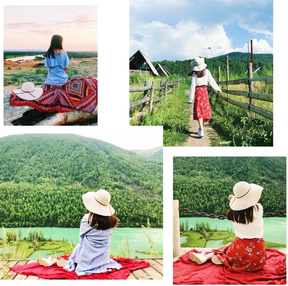 Womens Sun Hat Floppy Big Wide Brim Summer Bucket Hat Foldable Packable Lace Beach Hats Fedora Hat for Women UPF 50 