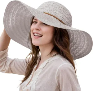 Womens Sun Hat Floppy Big Wide Brim Summer Bucket Hat Foldable Packable Lace Beach Hats Fedora Hat for Women UPF 50 