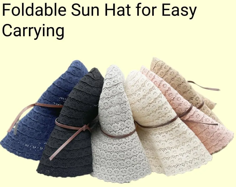 Womens Sun Hat Floppy Big Wide Brim Summer Bucket Hat Foldable Packable Lace Beach Hats Fedora Hat for Women UPF 50 