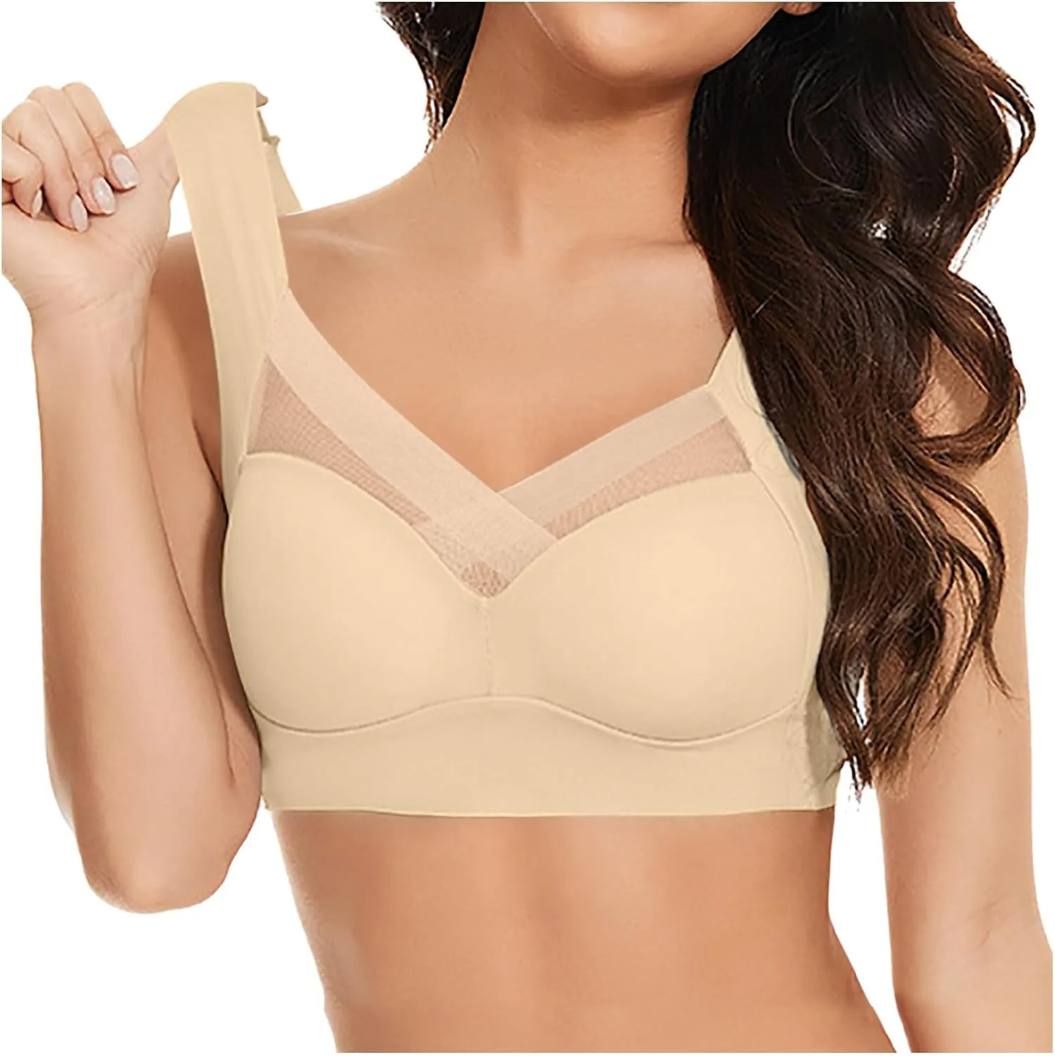 Womens V Lace Mesh Wireless Seamless Bras No Underwire Comfort Push Up Bras Supportive Full Coverage Bralettes T Shirt Bra
