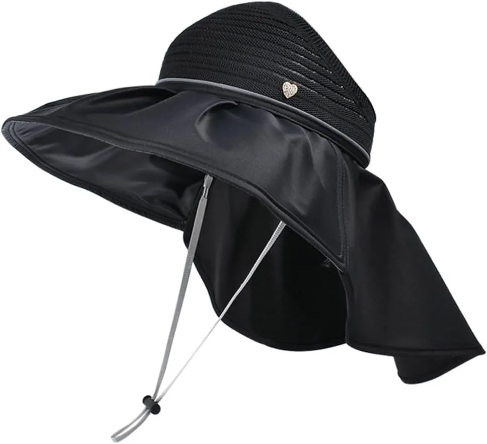 Womens Wide Brim Sun Visor Hats with Neck Flap UV Protection Fishing Cap Summer Sun Visors Foldable Ponytail Bucket Cap 2025