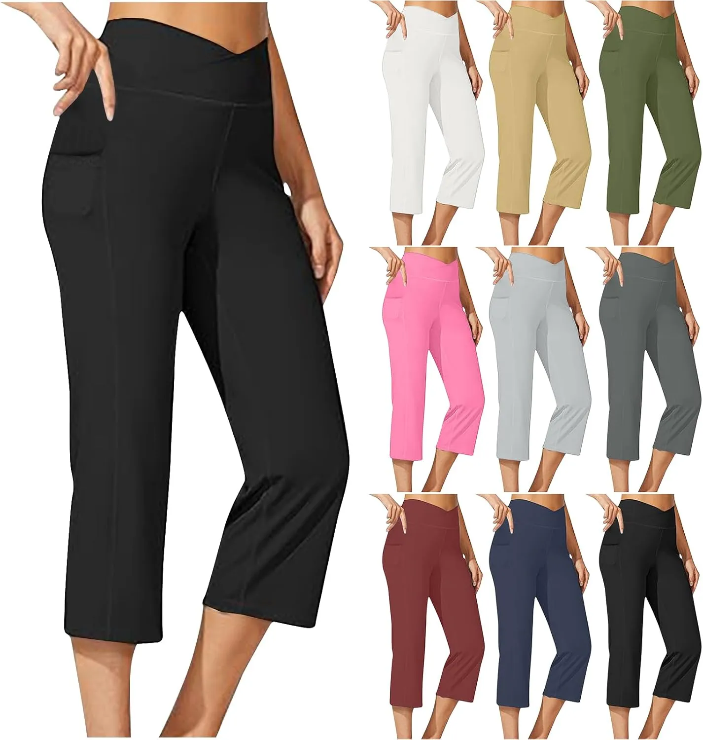 Womens Wide Leg Yoga Capris Pants High Waist Capri Pants Casual Loose Lounge Sweatpants with Pockets