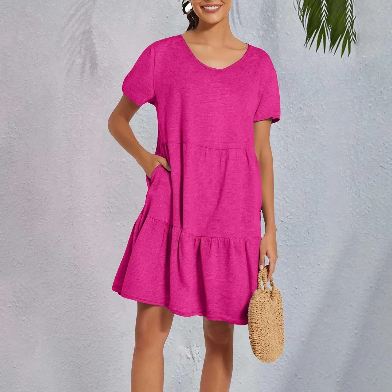 XOWRTE 2025 New Women's Round Neck Dress Casual and Comfortable Cotton Short Sleeves Beach Dress Short Sleeved