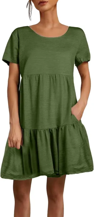XOWRTE 2025 New Women's Round Neck Dress Casual and Comfortable Cotton Short Sleeves Beach Dress Short Sleeved