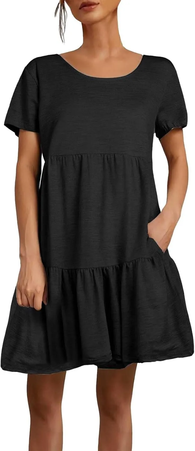 XOWRTE 2025 New Women's Round Neck Dress Casual and Comfortable Cotton Short Sleeves Beach Dress Short Sleeved
