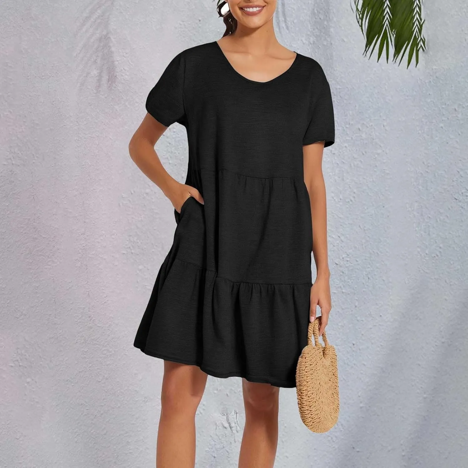 XOWRTE 2025 New Women's Round Neck Dress Casual and Comfortable Cotton Short Sleeves Beach Dress Short Sleeved
