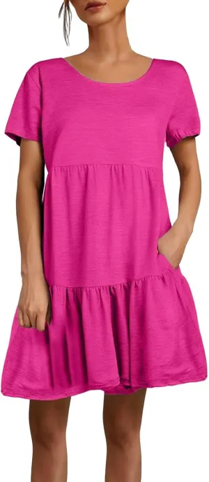 XOWRTE 2025 New Women's Round Neck Dress Casual and Comfortable Cotton Short Sleeves Beach Dress Short Sleeved