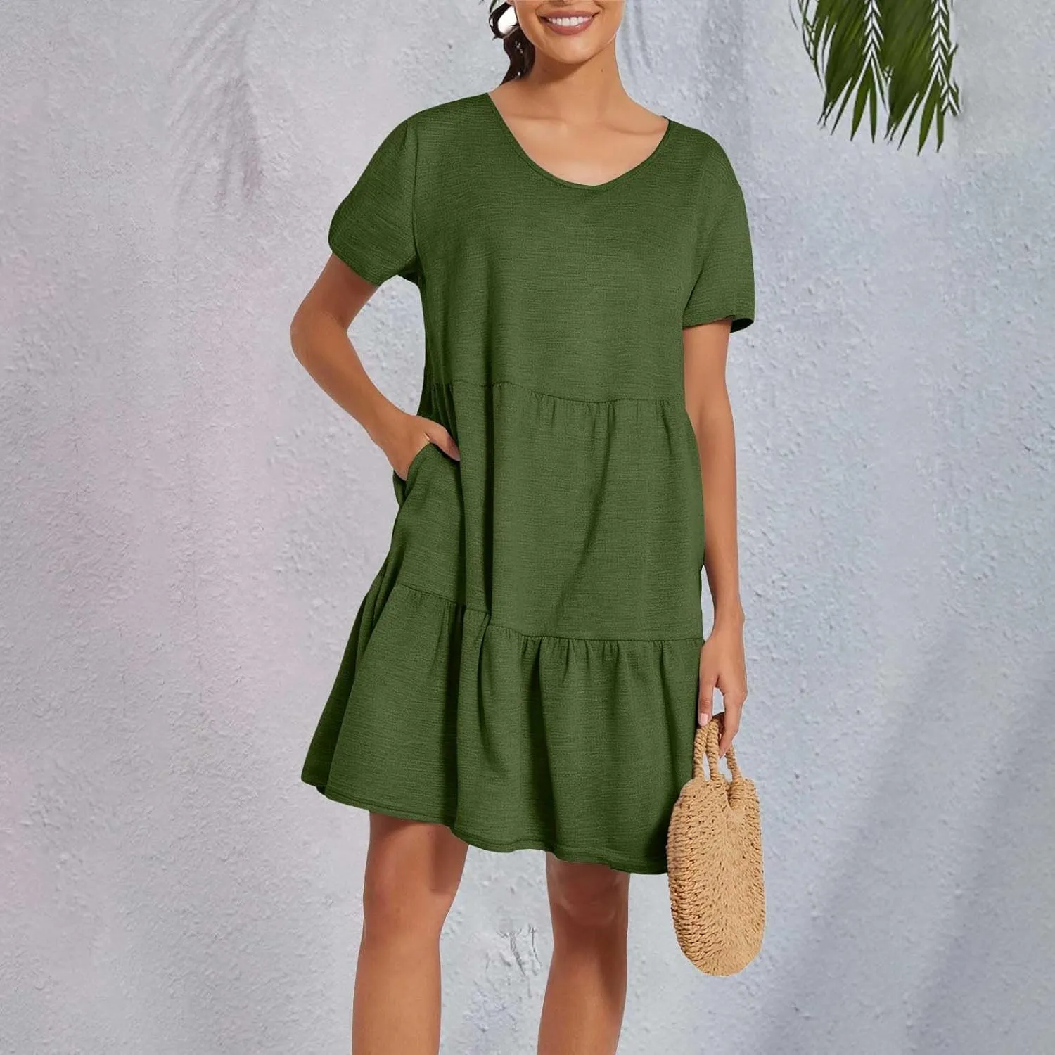XOWRTE 2025 New Women's Round Neck Dress Casual and Comfortable Cotton Short Sleeves Beach Dress Short Sleeved