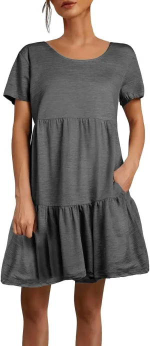 XOWRTE 2025 New Women's Round Neck Dress Casual and Comfortable Cotton Short Sleeves Beach Dress Short Sleeved